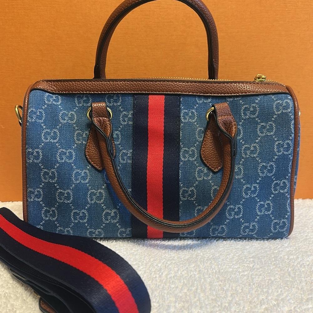 Gucci Denim GG Top-Handle Satchel with Red and Navy Stripe - Picture 3 of 9